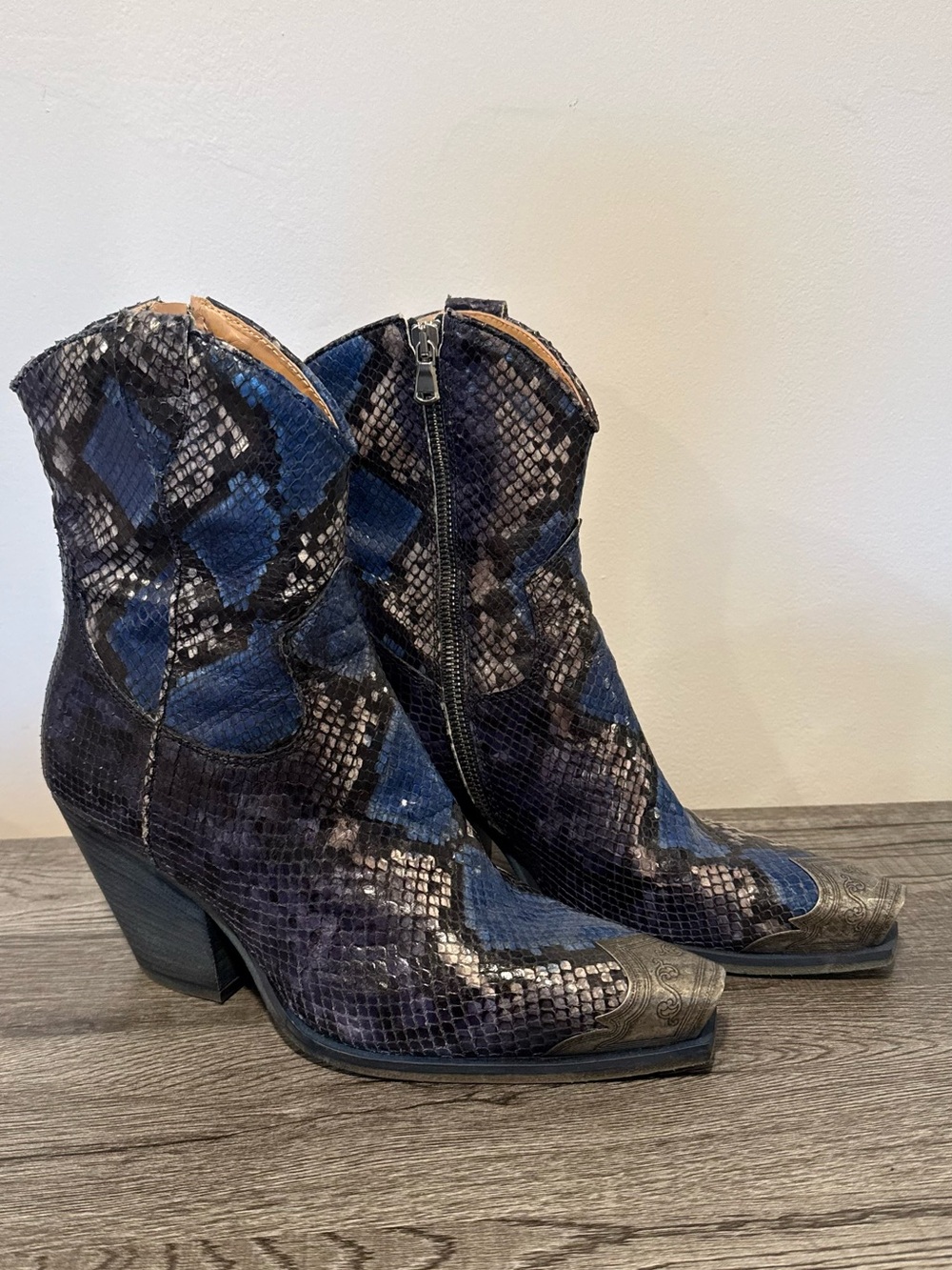 Free People Navy Blue Snake-Print Western Ankle Boots